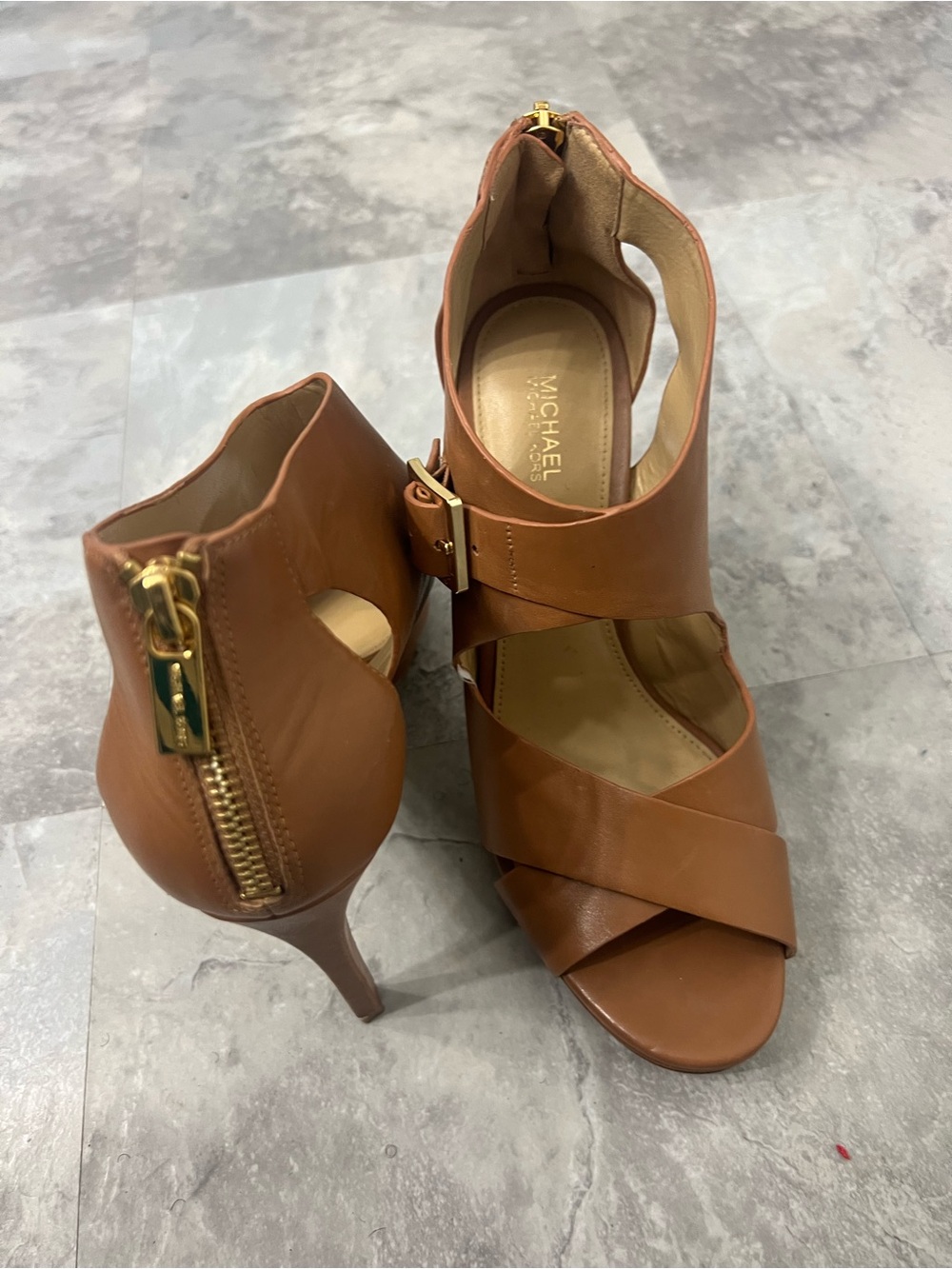 Michael Kors Cognac Leather High Heel Sandal with Buckle - Picture 9 of 11
